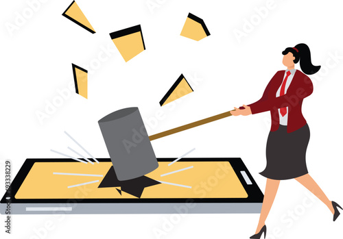 Broken Smart phone businesswoman, Businesswoman breaking a smart phone Illustration