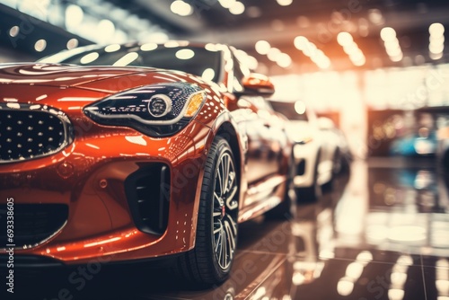 A detailed view of a car in a showroom. This image can be used to showcase the features and design of the car for advertising or promotional purposes photo