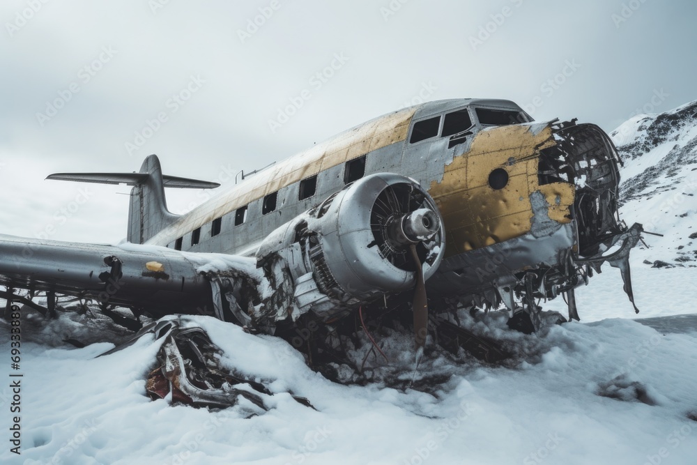 A plane sitting in the snow. Suitable for winter travel or aviation-themed designs A plane sitting in the snow. Suitable for winter travel or aviation-themed designs