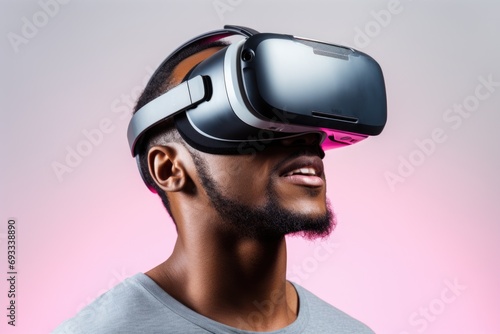 A man wearing a virtual reality headset. Can be used to depict technology, gaming, or virtual reality experiences