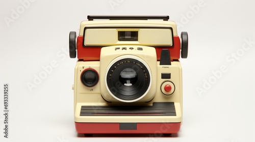 a classic instant camera with a vintage vibe, isolated on a pristine white background, highlighting its retro appeal and artistic flair.