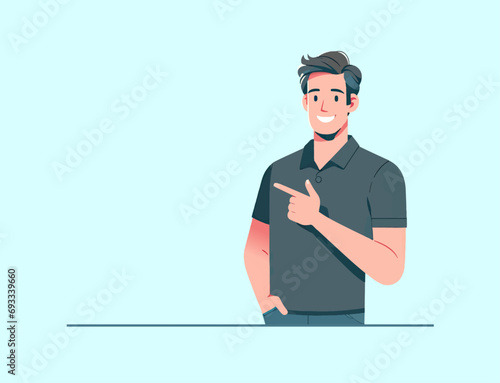 happy man pointing copy space recommended male showing mockup illustration