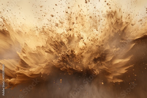 A large dust cloud is seen billowing out of the ground. This image can be used to depict natural phenomena, environmental issues, or as a visual representation of chaos and disruption photo