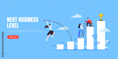 Businesswoman jumps pole vault over graph bars flat style design vector illustration.