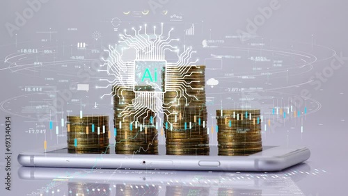 coins stack increase stop motion with Ai technology on circuit board. futuristic hologram busness background. photo