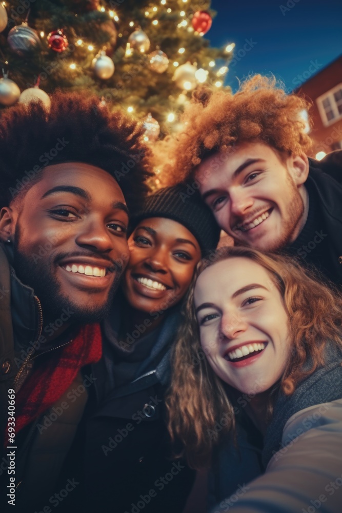 Group of friends posing in front of a beautifully decorated Christmas tree, capturing a joyful moment. Perfect for holiday greetings and social media posts