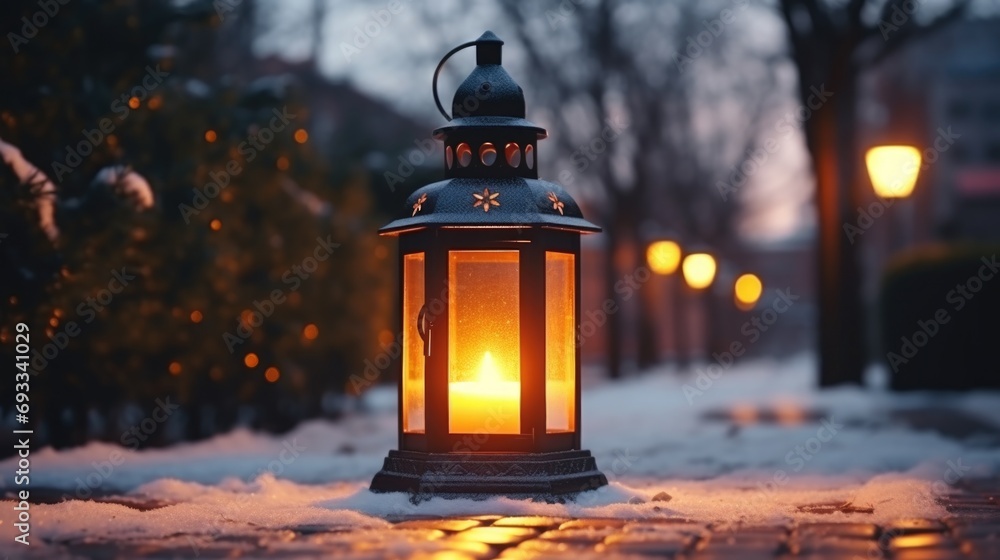 A lantern is illuminated on a sidewalk covered in snow. Perfect for winter scenes and holiday-themed projects A lantern is illuminated on a sidewalk covered in snow. Perfect for winter scenes and holiday-themed projects