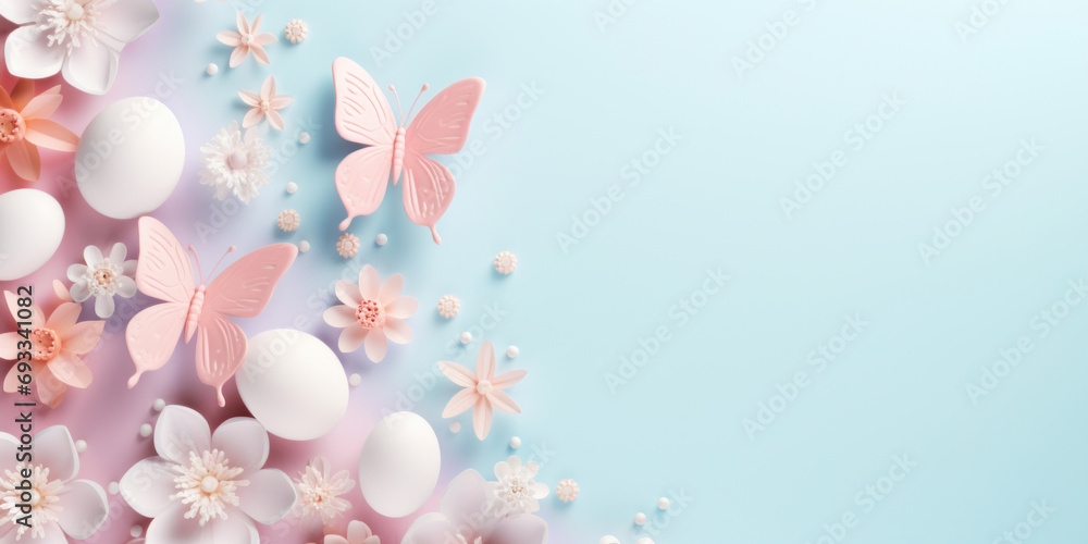Easter background with white eggs, pink flowers and butterfly on pastel blue background