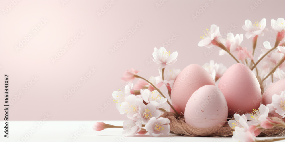Easter eggs in nest with spring flowers on pastel pink background Easter eggs in nest with spring flowers on pastel pink background