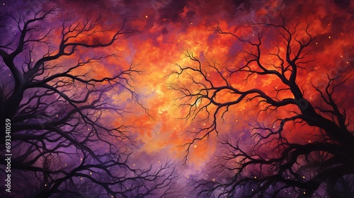 The sky ablaze with hues of orange and purple  creating a breathtaking canvas above a springtime tree canopy.