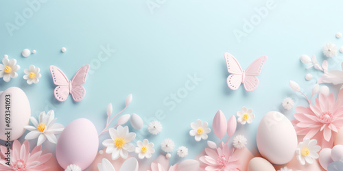 Easter background with eggs  flowers and butterflies. Top view.