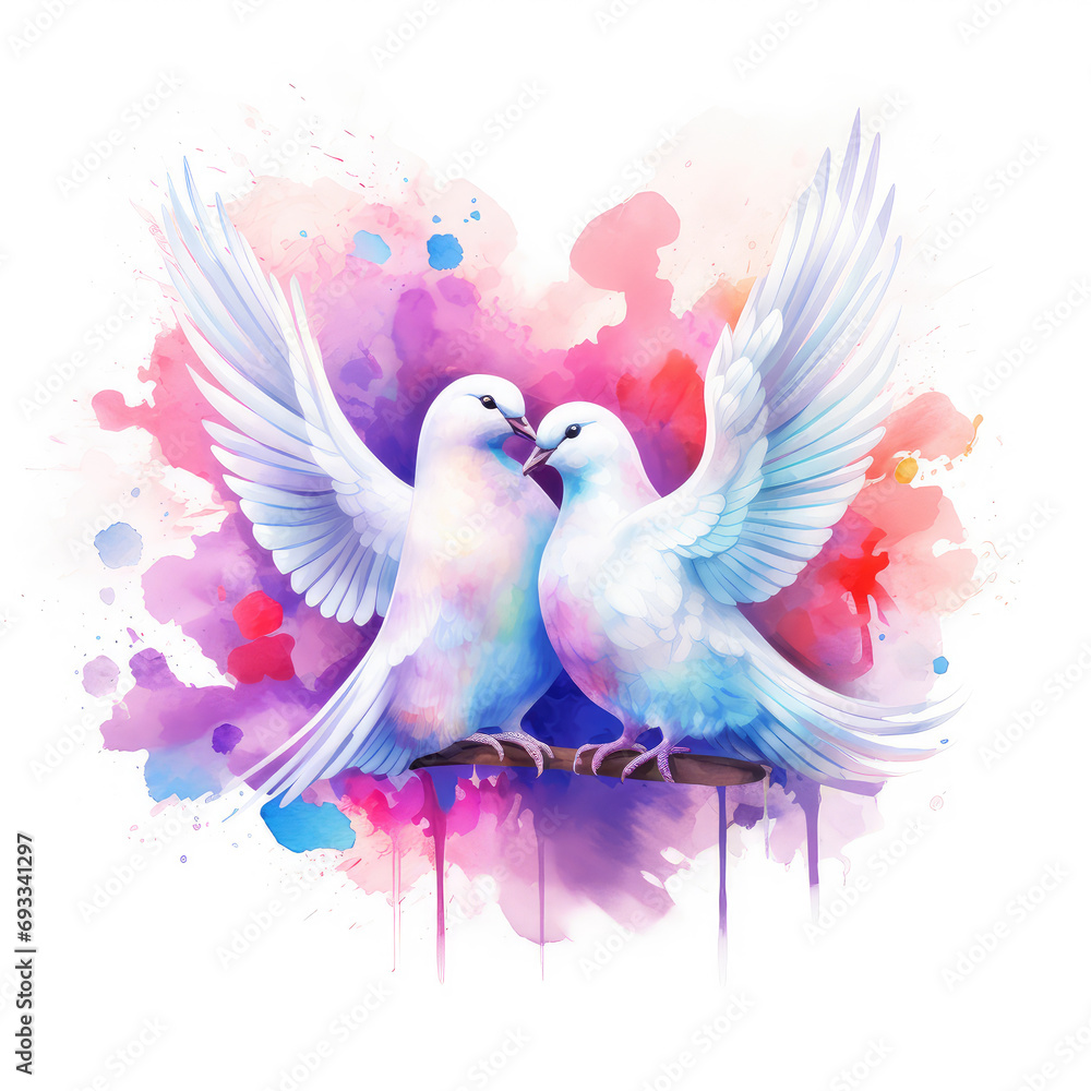 Watercolor illustration featuring a couple of doves hugging amidst floating hearts.