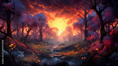 The sky bursts into a riot of colors as the sun sets, casting a warm glow over the trees in a spring forest.