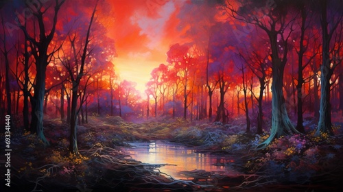 The sky bursts into a riot of colors as the sun sets, casting a warm glow over the trees in a spring forest.