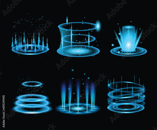 A magical blue portal set collection on an isolated background, Circle portals, teleport, hologram gadget. Blank display, stage or magic portal, futuristic hud podiums or portals blue or neon HUD