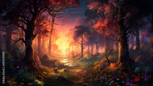 The sky bursts into a riot of colors as the sun sets  casting a warm glow over the trees in a spring forest.