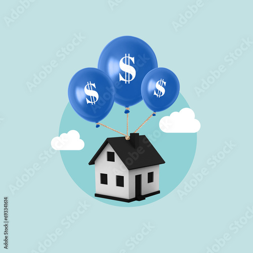 house floats in the sky, coin balloon, home ownership, house rental, savings investment, House, Price, Price Tag, Consumerism, Move Up, Housing Complex, Mortgage, Residential Building, Finance, Growth