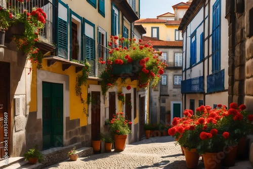 Traditional houses with flowers in pots near the house, the historical center of the city
