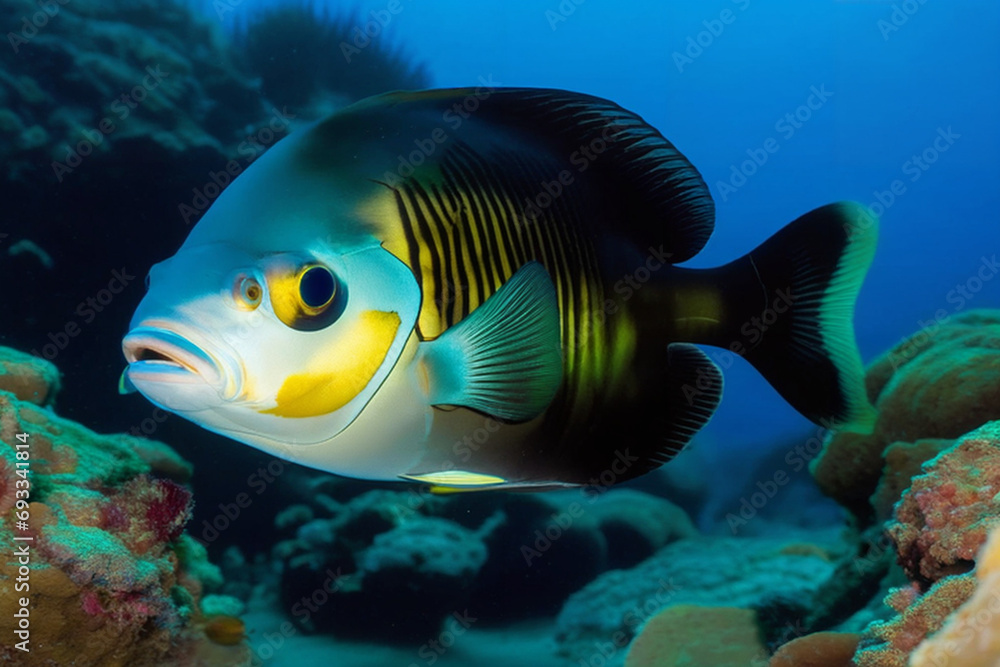 gelblicher Fisch schwimmt im Ozean in natürlicher Umgebung. KI Generated gelblicher Fisch schwimmt im Ozean in natürlicher Umgebung. KI Generated