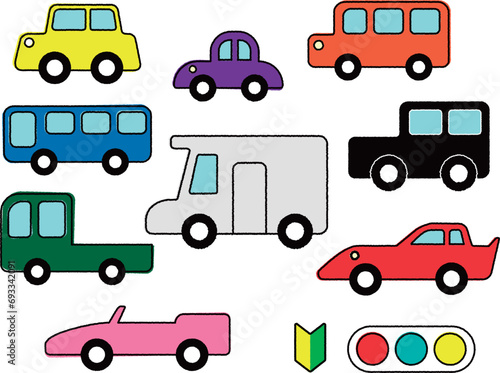 ラフな線のカラフルな車のセット