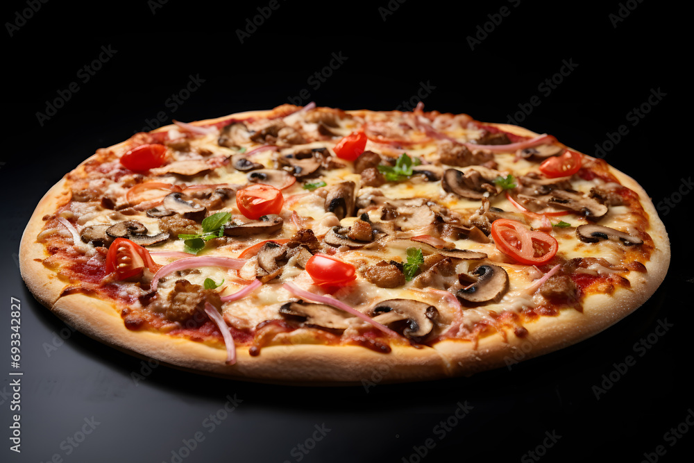 Tasty Pepperoni pizza with pepperoni, cheese, and chicken on dark background