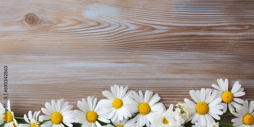Obraz premium Chamomile flowers on wood background, space for text.