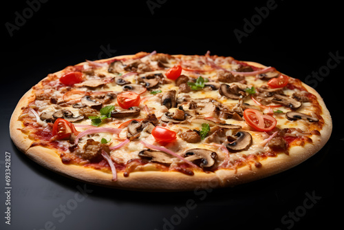 Tasty Pepperoni pizza with pepperoni, cheese, and chicken on dark background