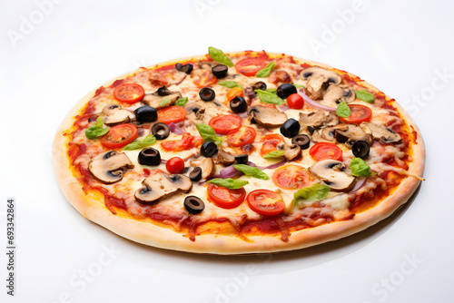 Tasty Pepperoni pizza with pepperoni, cheese, and chicken on white background