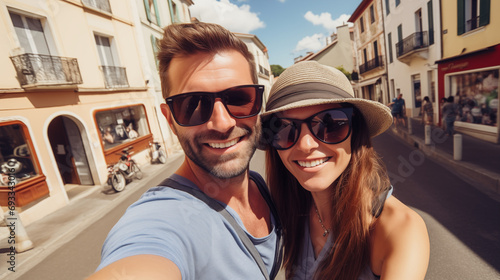 American couple tourists taking selfie while traveling abroad.