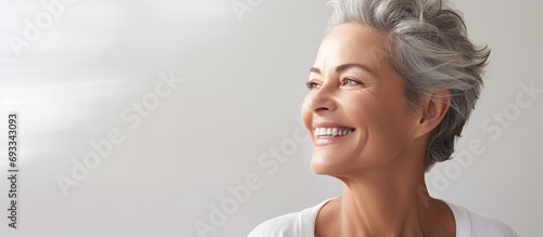 Middle-aged woman with rejuvenated, radiant skin smiles amid skincare routine. photo