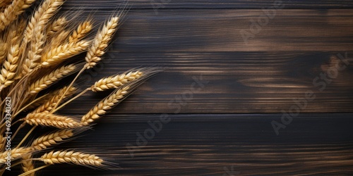 Spikelets of wheat on dark wood background. Text space.