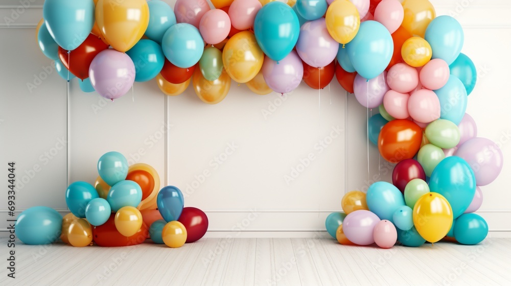 Festive balloon celebration mockup designed to convey joy and happiness, with an array of colorful balloons arranged in a visually appealing and dynamic composition.