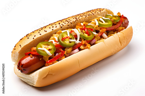 Barbecue Grilled Hot Dog with extra filling, hotdog with a large sausage filled with melted mayonnaise and ketchup isolated on a white background with copy space