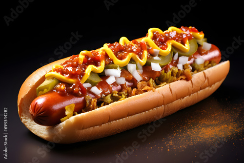 Barbecue Grilled Hot Dog with extra filling, hotdog with a large sausage filled with melted mayonnaise and ketchup isolated on a dark background with copy space