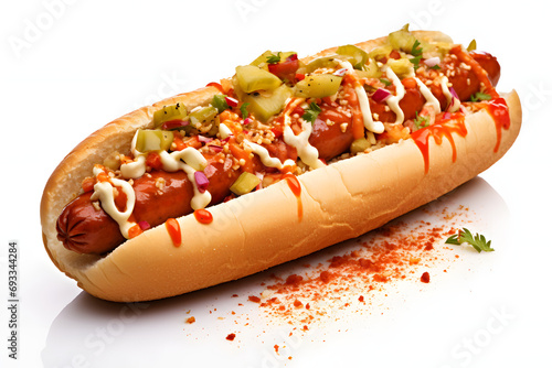 Barbecue Grilled Hot Dog with extra filling, hotdog with a large sausage filled with melted mayonnaise and ketchup isolated on a white background with copy space photo