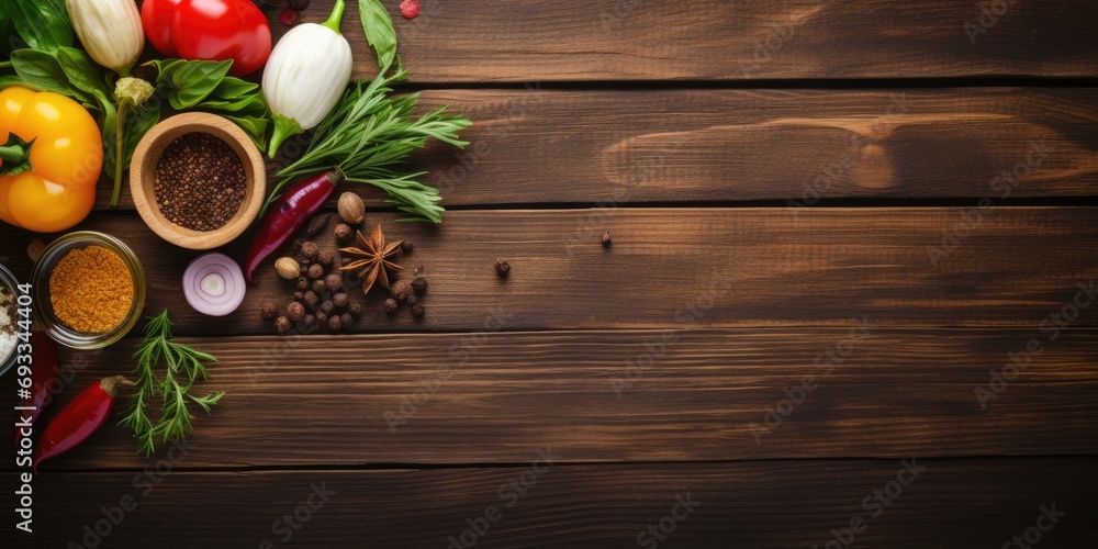 Top view of fresh vegetables, herbs, spices, and olive oil on wooden table for healthy food cooking, with copy space. Top view of fresh vegetables, herbs, spices, and olive oil on wooden table for healthy food cooking, with copy space.