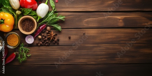 Top view of fresh vegetables, herbs, spices, and olive oil on wooden table for healthy food cooking, with copy space. photo