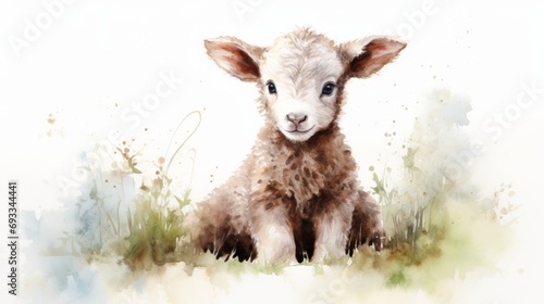 Watercolor portrait of a cute lamb sitting in the meadow. Generative AI photo