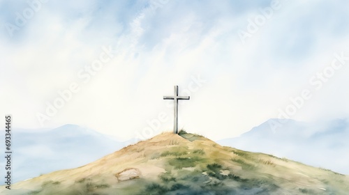 Cross on mountain top. Christian symbol. illustration. Eps 10 Generative AI