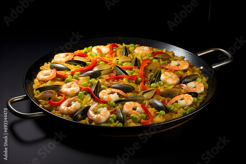 Spanish Colorful Seafood Paella with Shellfish, shrimp vegetables, and seafood 