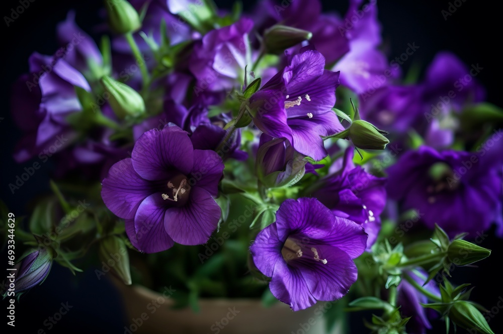 Purple campanula flowers. Blossom bright violet natural botany flower. Generate ai