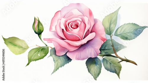 Pink rose with green leaves isolated on white background. Watercolor illustration. Generative AI