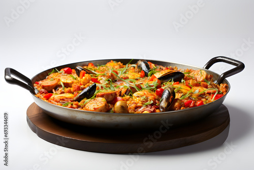 Spanish Colorful Seafood Paella with Shellfish, shrimp vegetable and seafood, closeup view paella with rice and vegetables isolated on a white background with copy space