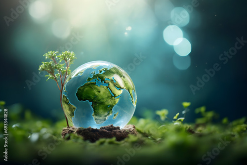 green leaf background, green planet earth, renewable energy light bulb with green energy, Earth Day or environment protection Hands protect forests that grow on the ground and help save the world, sol