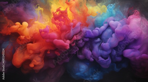 Hues of the rainbow manifesting in ethereal smoke, swirling and cascading against a profound and velvety black canvas, creating a captivating visual feast. photo