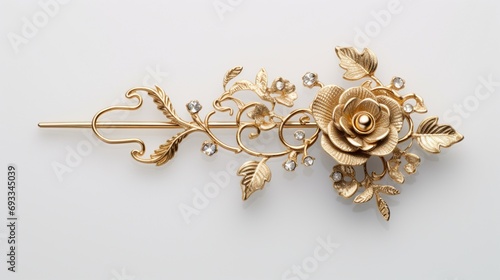 a gold hairpin, capturing its luxurious appearance and intricate detailing, perfectly isolated against a clean white backdrop for a touch of sophistication.