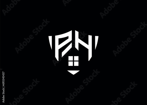 Real estate letter PH shield shape logo and house building vector template