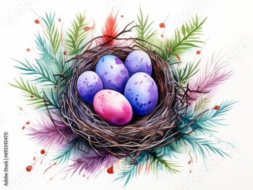 Easter eggs in a nest on a white background. Watercolor illustration Generative AI