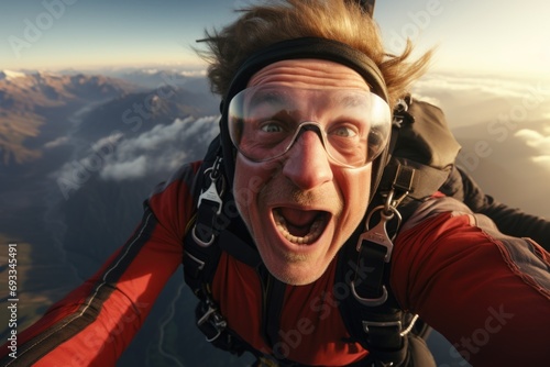 A man wearing a red shirt is soaring through the sky with a parachute. This image can be used to depict adventure, extreme sports, or the thrill of flying