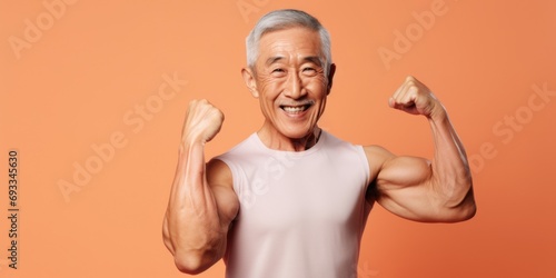 An older man showcasing his strength and muscles against a vibrant orange background. Perfect for fitness, health, and active lifestyle concepts